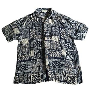 Carribean Silk Blend Hawaiian Shirt Mens L Blue White Geometric Beach Button Up